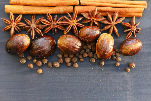 Christmas Pumpkin Spices Wooden Background Food Ingredients Star Anise Nutmeg — Stock Photo, Image