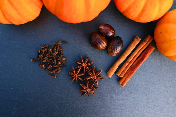 Pumpkin Aromatic Spices Black Stone Board Background — Stock Photo, Image