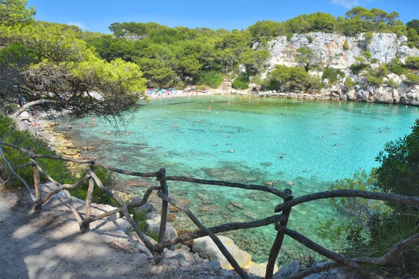 Turquoise Water Bay Cala Macarella Menorca Island Spain Wooden Typical — Stock Photo, Image