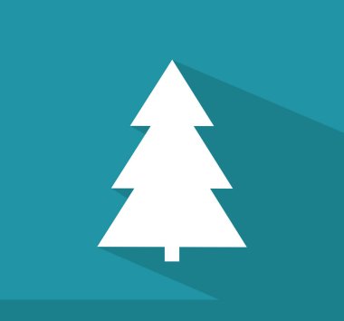 Mavi arka plan üzerinde uzun gölge ile beyaz Noel ağacı. Düz tasarlamak.