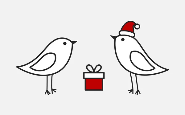 Lilla Vita Fåglar Par Santa Hatt Och Närvarande Christmas Vektorillustration — Stock vektor