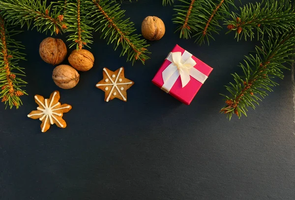 Christmas Background Present Cookies Fresh Spruce Evergreen Branches — Stock Photo, Image