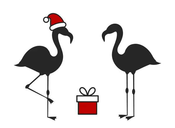 Two Flamingo Birds Santa Hat Present Christmas Vector Illustration — Stock Vector
