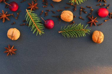 Noel doğal çerçeve arka plan. Baharatlar, köknar ağaç dalları ve ceviz.