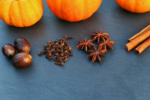 Pumpkin Spice Fruits Black Stone Board Background — Stock Photo, Image