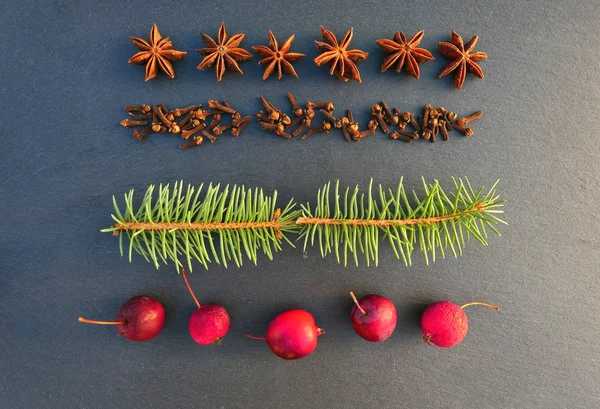 Natuurlijke Aromatische Kerstdecoratie Specerijen Vuren Takken Appels — Stockfoto