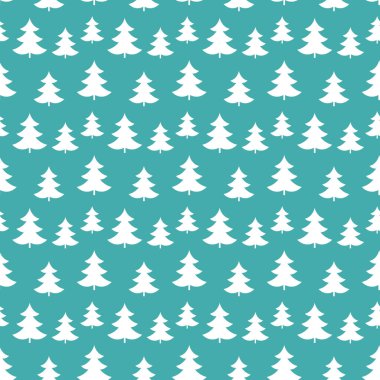 Mavi arka plan kış seamless modeli üzerinde beyaz Noel ağaçları.
