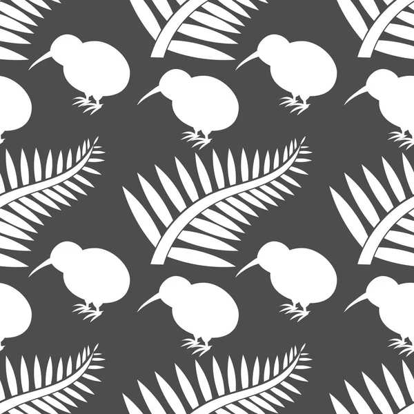 猕猴桃鸟和蕨类植物叶 新西兰象征无缝图案 向量例证 — 图库矢量图片