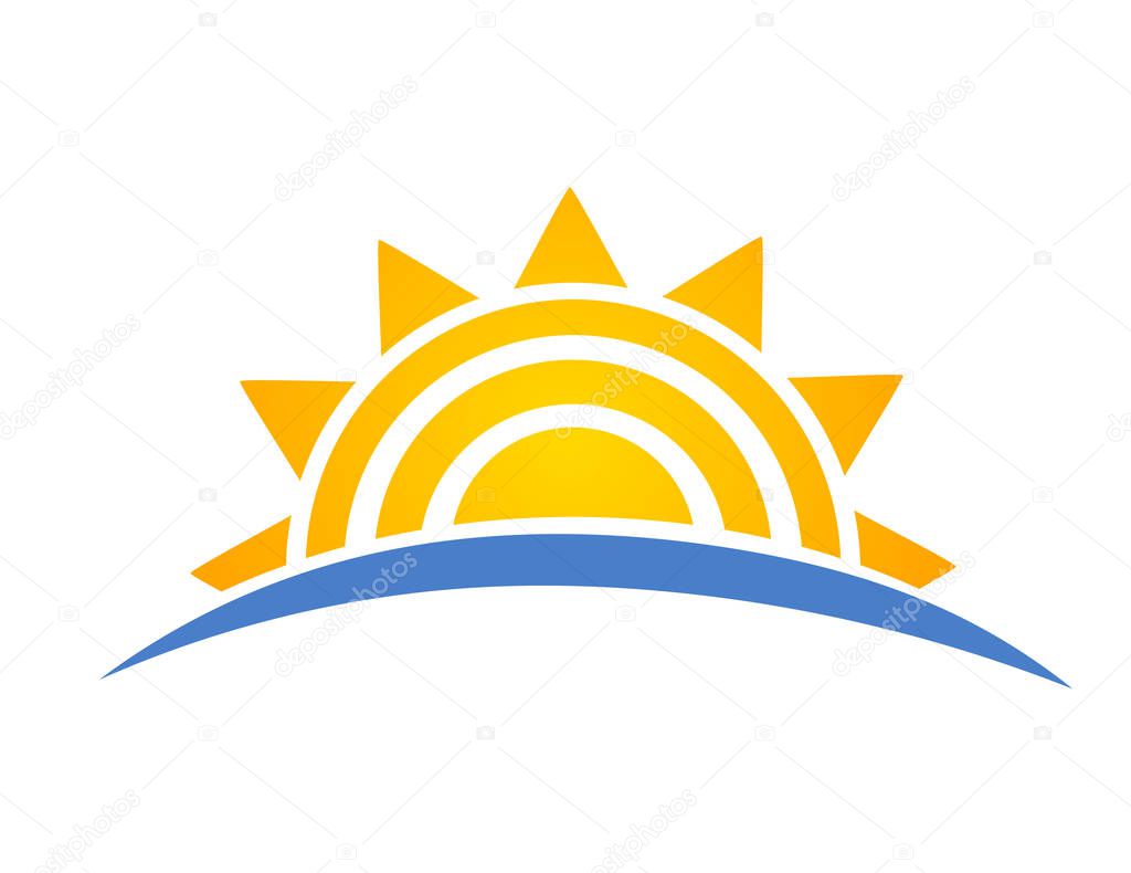 Sun setting over sea icon logo. Vacation travel concept. Vector illustration