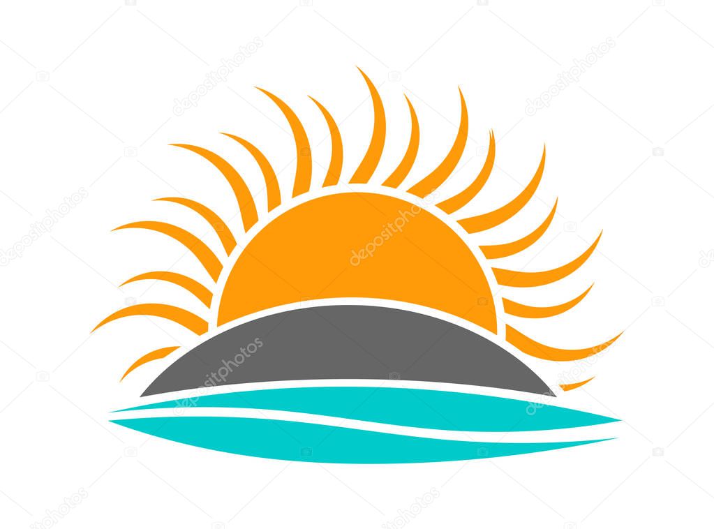 Sun setting over island and sea wave icon logo. Vector illustration