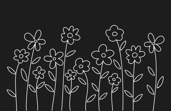 Siyah arka plan üzerine beyaz çizgi çiçek doodle. — Stok Vektör