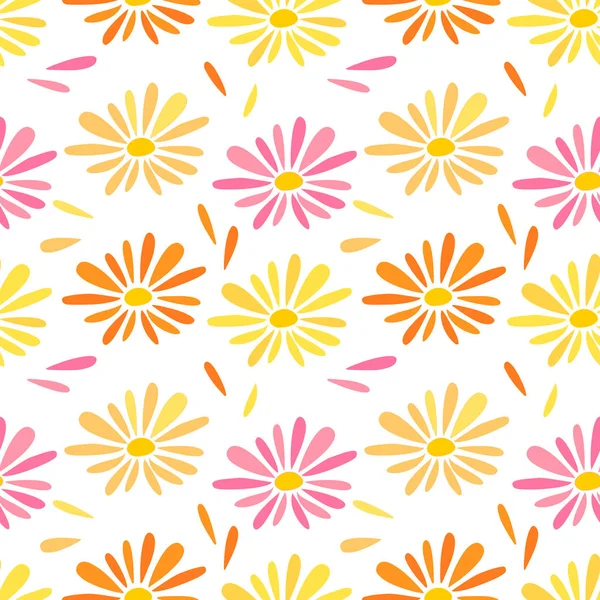 橙色、黄色和粉红色的花朵无缝壁纸图案. — 图库矢量图片