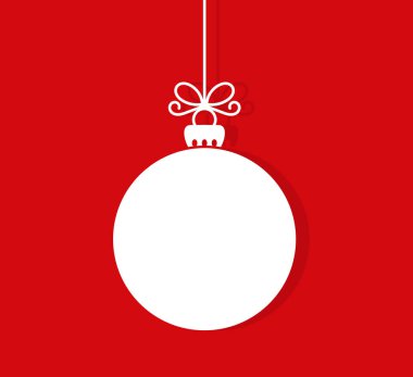 Kırmızı arka planda noel süsleri asılı. Düz tasarım vektör çizimi.