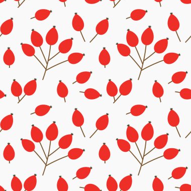 Gül kalçası kırmızı meyveler, sonbahar, dikişsiz desen. Vektör illüstrasyonu.