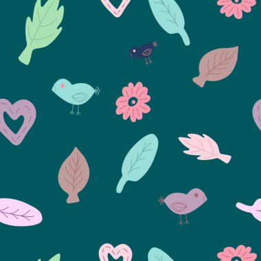 Yaprakları, kalp, kuşlar İskandinav tarzı ile Seamless modeli. Vektör çizim için baskı, kağıt, tekstil