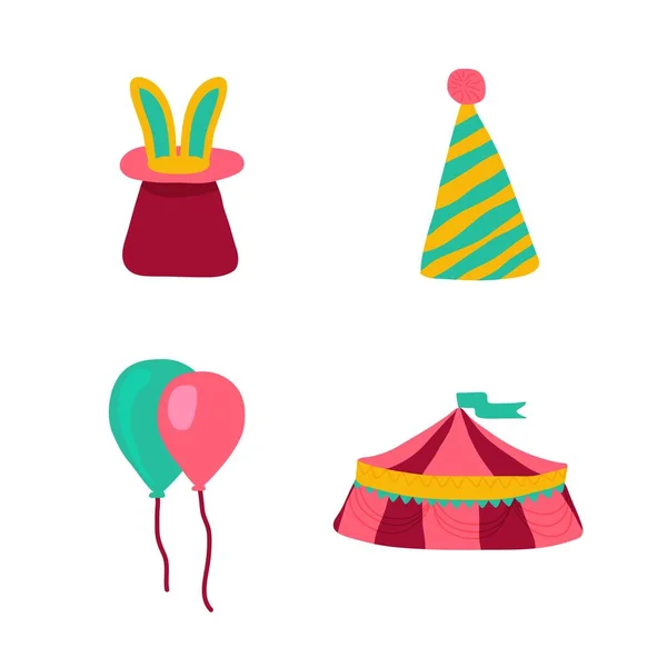 Zirkusikonen Doodle Stil Hut Mit Kaninchen Luftballons Zelt Perfekt Für — Stockvektor