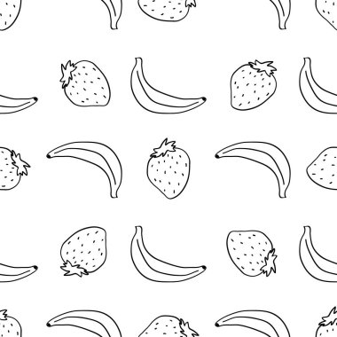 Muz ve çilek seamless modeli el tarzı çizilmiş. Tekstil, alış irsaliyesi kitaplar, mutfak için. Vektör çizim.