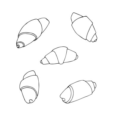 Kruvasan simgeler elinde çizilmiş stili ayarlayın. Vektör çizim. Kafe, fırın, menü tasarımı için