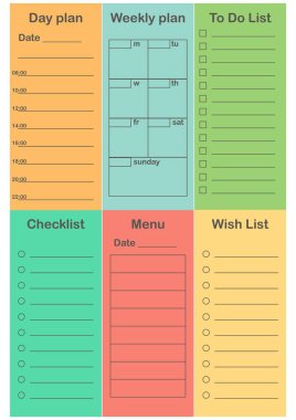 Planlayıcısı 2019 düz stil ayarlayın. Okul, ofis ve zaman yönetimi için zamanlama şablonlar. Günlük, haftalık, yapılacaklar listesi, listesi, menü, alışveriş listesi denetleyin. Vektör çizim