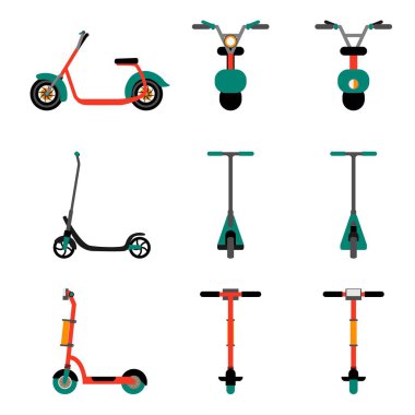 Elektrikli scooter simgeler düz stil ayarlayın. Vektör çizim