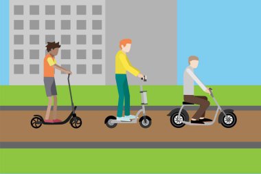 İnsanlar düz tarzı elektrikli scooter üzerinde. Vektör çizim