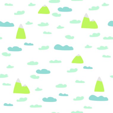 Bulutlar ve dağ karikatür tarzı oyun arka plan. Seamless modeli. Vektör çizim