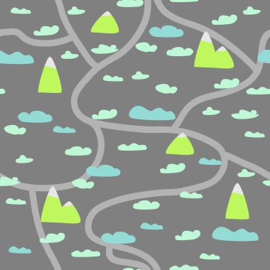 Bulutlar ve dağ karikatür tarzı oyun arka plan. Seamless modeli. Vektör çizim