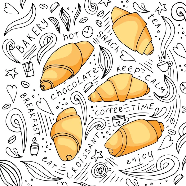 Croissant Doodle Concepto Estilo Dibujado Mano Ilustración Vectorial Para Café — Vector de stock