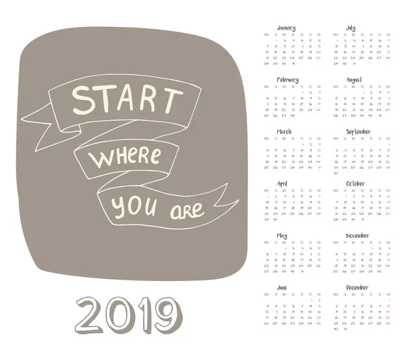 動機の文字 カレンダー 2019年は あなたが起動します 装飾と独創的なデザイン ベクトル図 — ストックベクタ
