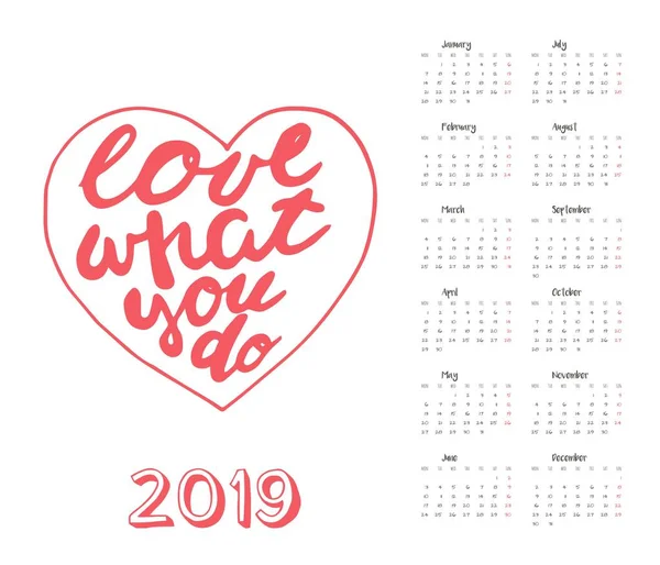 何か動機付けの文字 カレンダー 2019年が大好きです 装飾と独創的なデザイン ベクトル図 — ストックベクタ