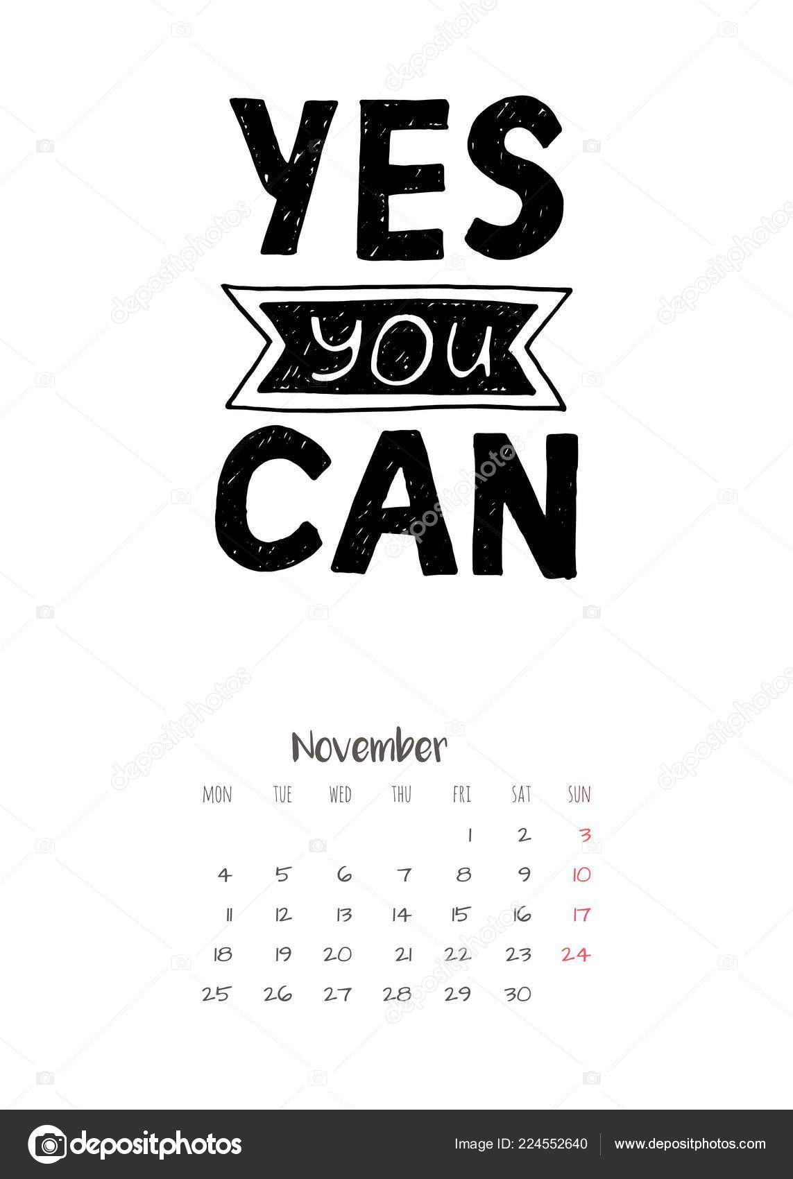Calendar 2019 Motivational Lettering Yes You Can Print Decor Creative