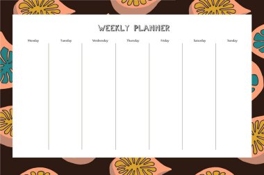 Haftalık planlayıcısı incir desenli el tarzı çizilmiş. Baskı, ofis, okul için. Vektör çizim