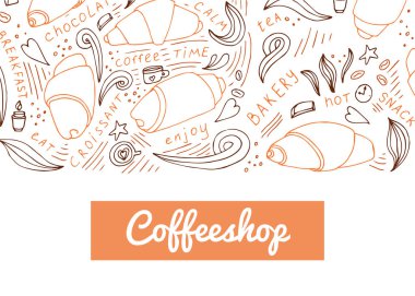 Kruvasan başlığı web sitesi için el tarzı çizilmiş. Vektör çizim. İçin kafe, ekmek fırınları için