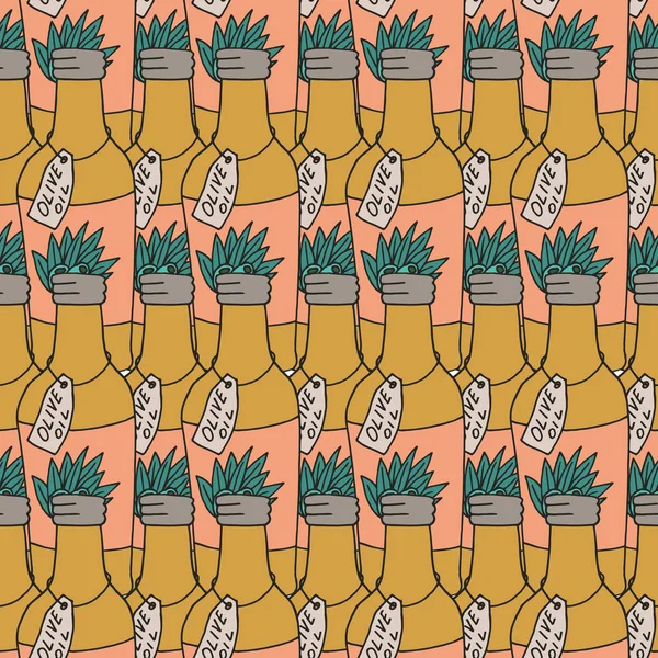 Patrón Con Botellas Aceite Oliva Estilo Dibujado Mano Ilustración Vectorial — Vector de stock