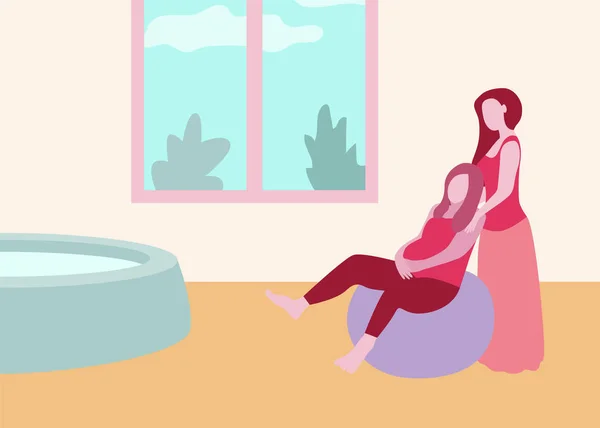 Bevalling Met Doula Banner Een Moderne Cartoon Stijl Zwangere Vrouw — Stockvector