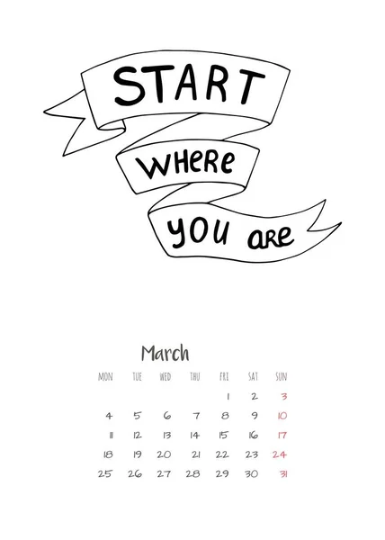 Calendario 2019 Con Letras Motivacionales Comience Donde Está Para Impresión — Vector de stock