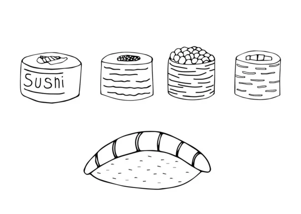 Japão Marisco Sushi Rolos Ícones Definidos Estilo Desenhado Mão Ilustração — Vetor de Stock