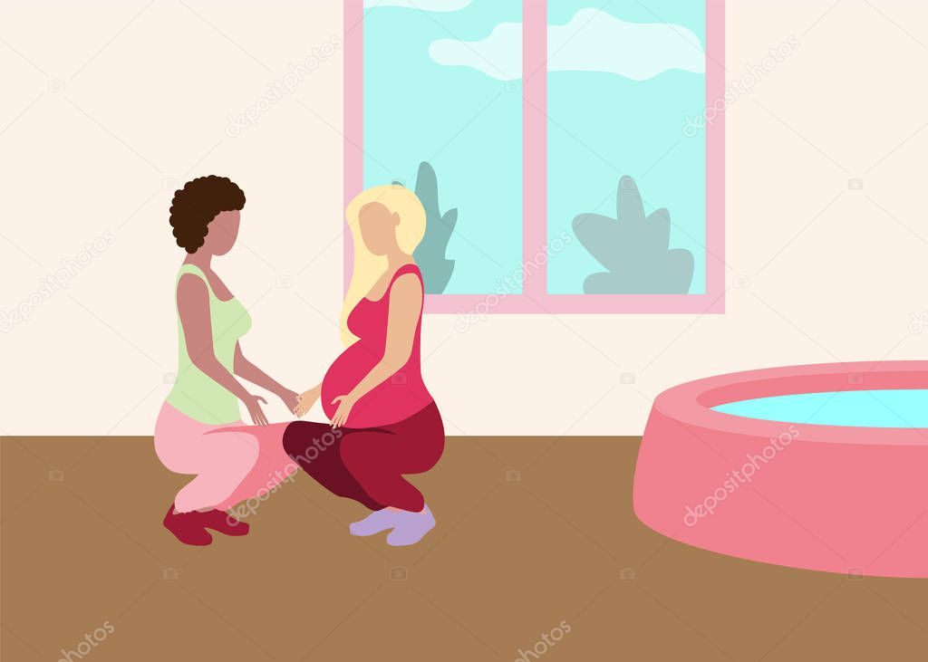 Childbirth with doula banner in a modern cartoon style. Pregnant woman with assistant in light room with bath. Vector illustration