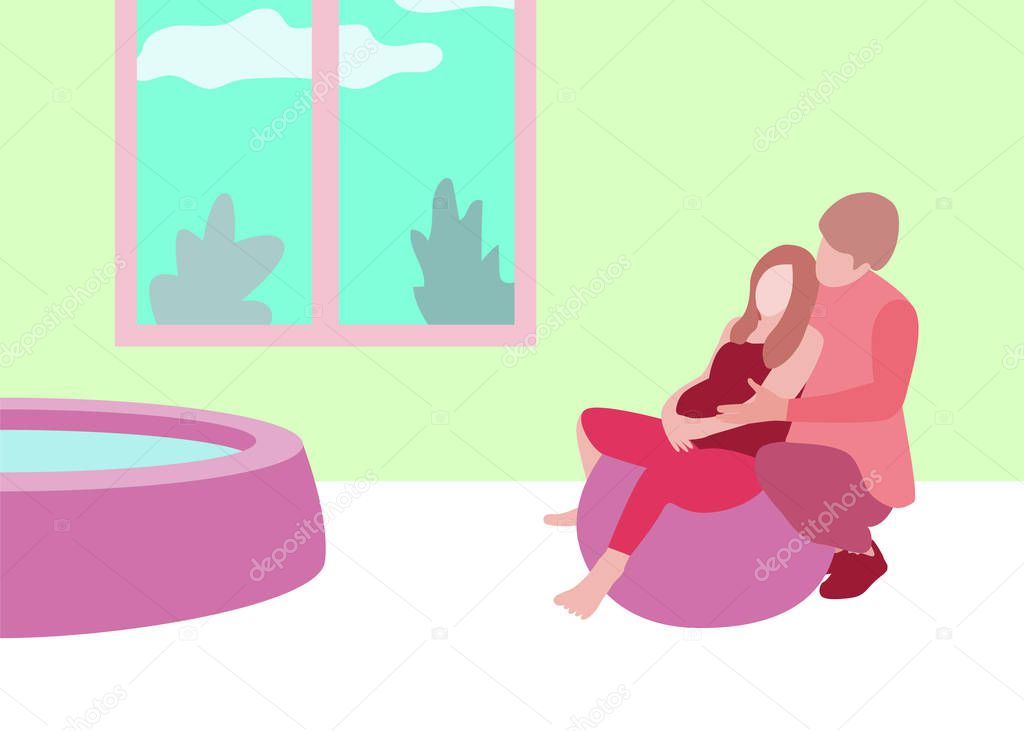 Partnership childbirth banner in a modern cartoon style. Pregnant woman with husband in maternity hospital. Vector illustration