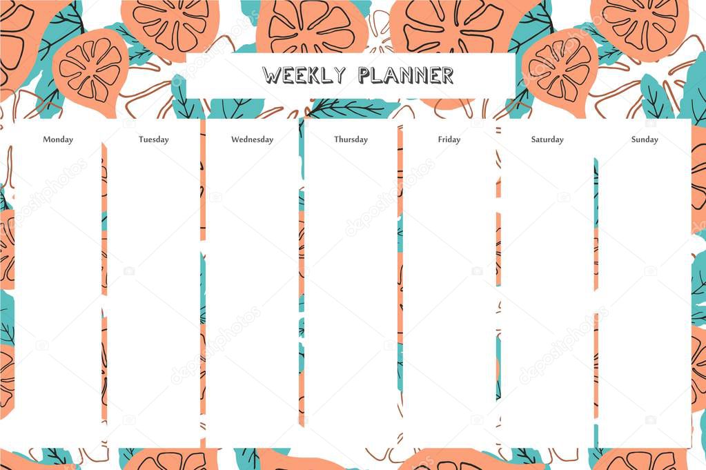 Weekly planner with fig pattern in hand drawn style. For print, office, school. Vector illustration