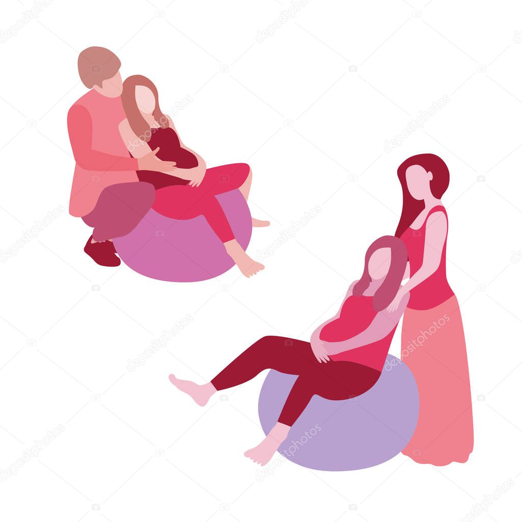 Pregnant woman with doula assistant and husband in a modern cartoon style. Vector illustration