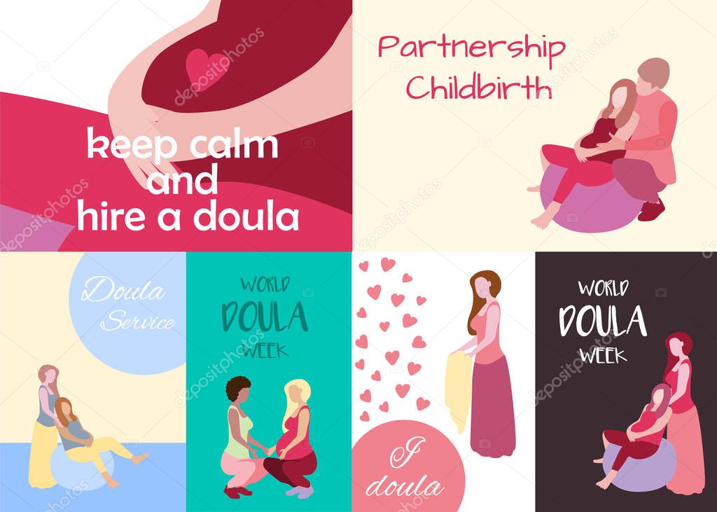 World Doula Week banners set in a modern cartoon style. Pregnant woman poster template. Vector illustration