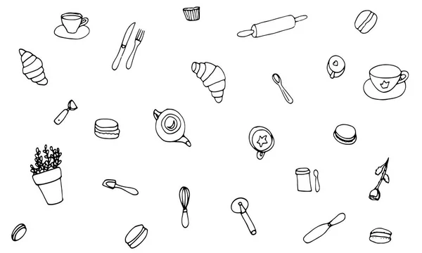 Ícones França Paris Café Definido Estilo Doodle Para Impressão Web — Vetor de Stock