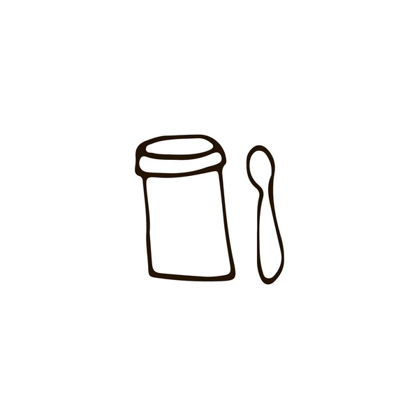 金属罐的茶与勺子图标在素描风格 向量例证 — 图库矢量图片