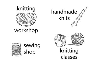 İplik logo örgü el çekilmiş stili ayarlayın. Mağazalar için knitters snd yaratıcı tasarım. Vektör çizim. Beyaz izole