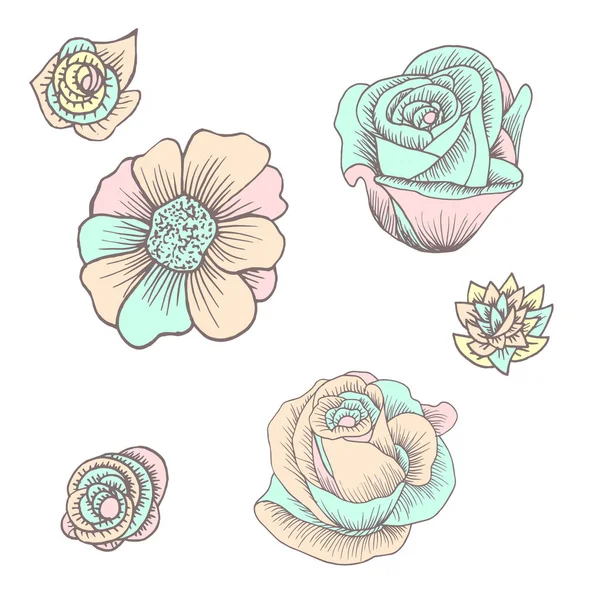Ícones Flores Definido Estilo Desenhado Mão Para Impressão Adesivo Têxtil — Vetor de Stock