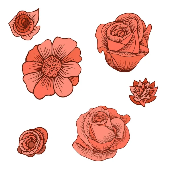 Conjunto Iconos Flores Estilo Dibujado Mano Para Impresión Pegatina Textil — Vector de stock