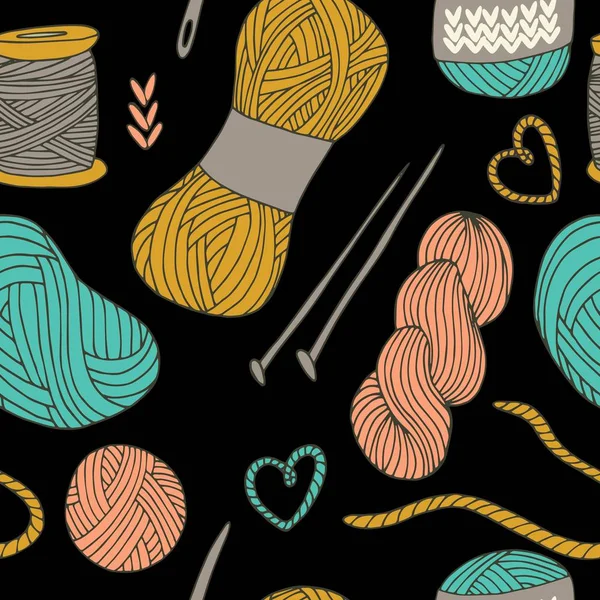 編み物毛糸ボールのシームレスなパターンを手に描画スタイル 繊維と創造的なデザイン ベクトル図 — ストックベクタ
