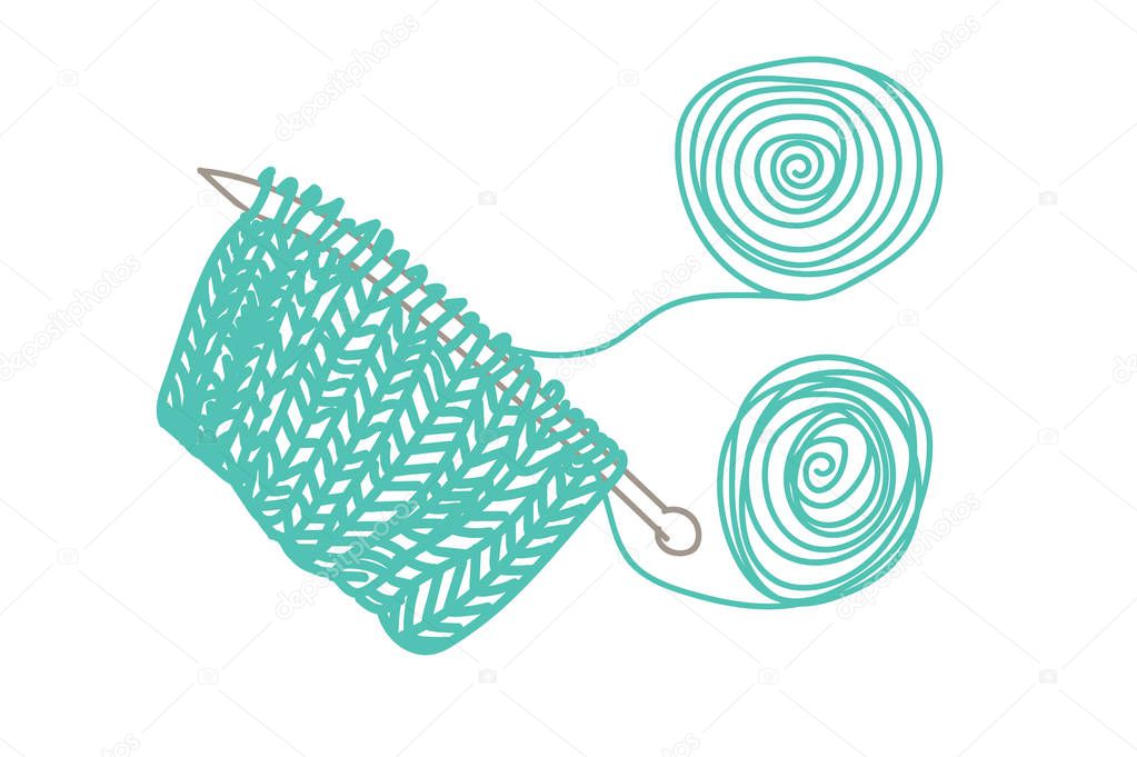 Poster with yarn ball and knitting in doodle style. Vector illustration. 