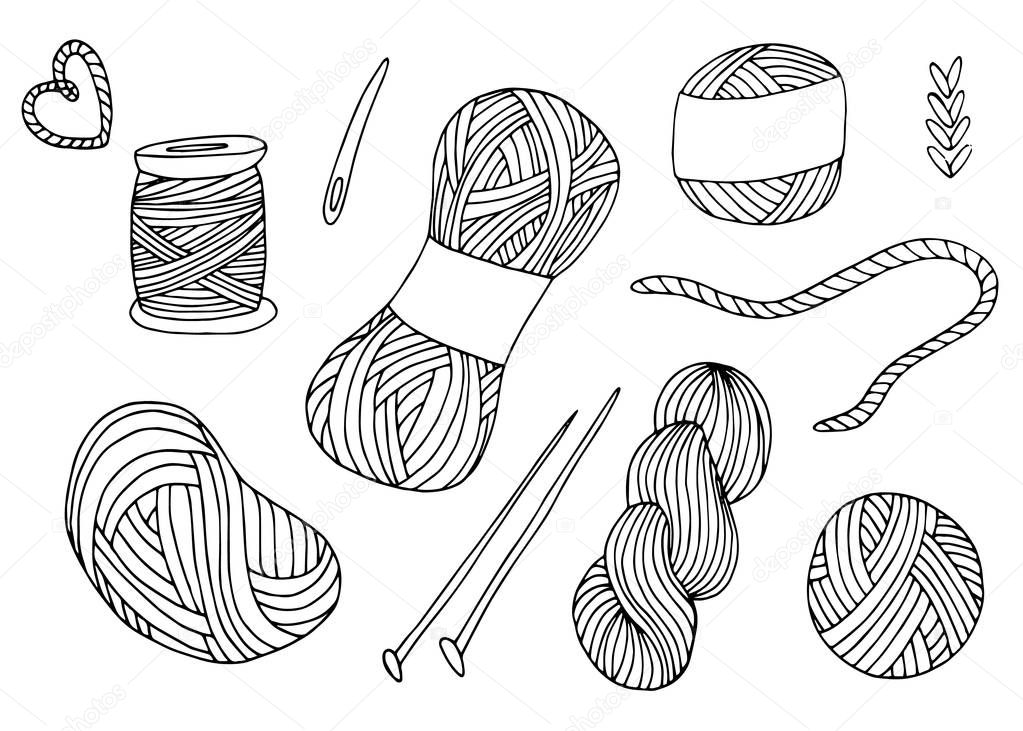 Knitting yarn balls set in hand drawn style. For print, logo, creative design. Vector illustration. Isolated on white
